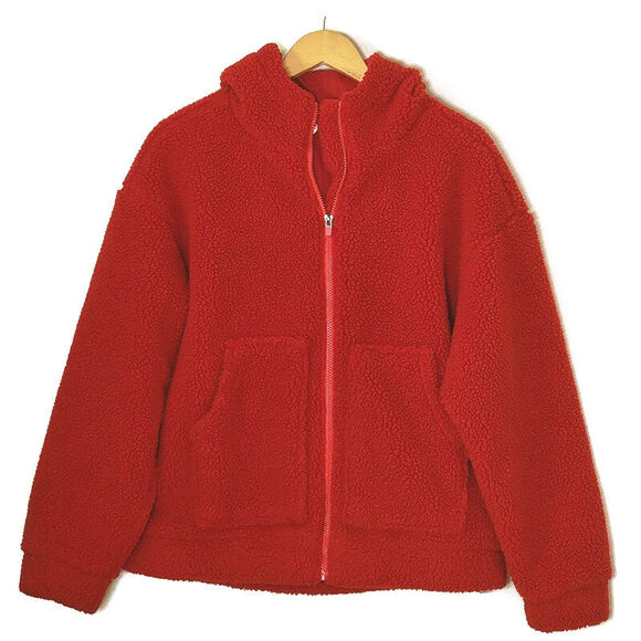 Fabletics Teddy Fleece Jacket Zip Front Hood Sporty Athleisure Cozy Red Size M - Picture 2 of 13